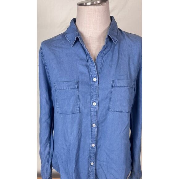 Thread & Supply L Womens Button Front Roll Table Sleeves Blue Chambray Shirt - Picture 2 of 8